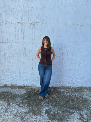 Round Neck Sleeveless Button Down Sweater Top