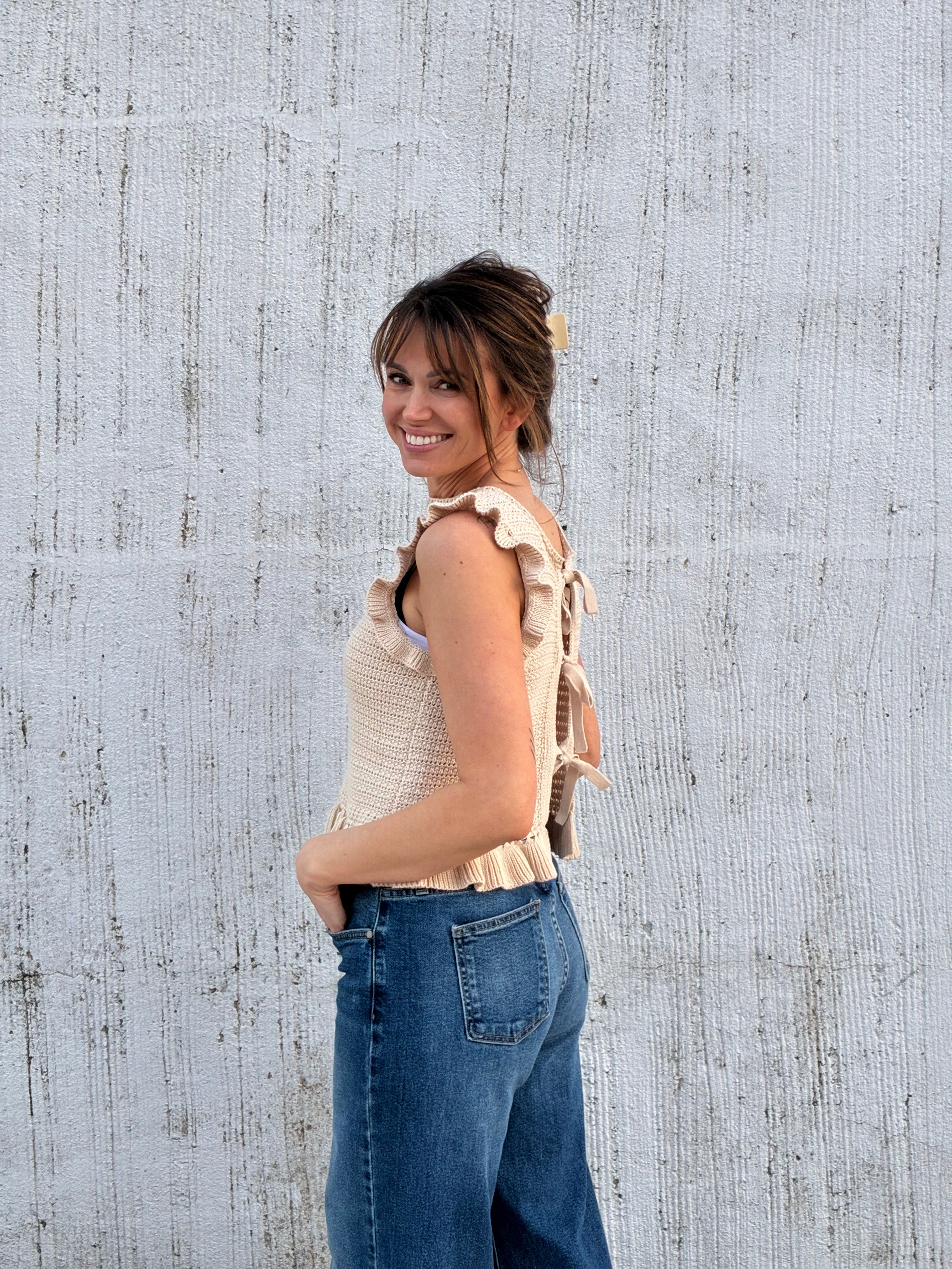 The Skyler Reversible Tie-Front Ruffle Knit Top