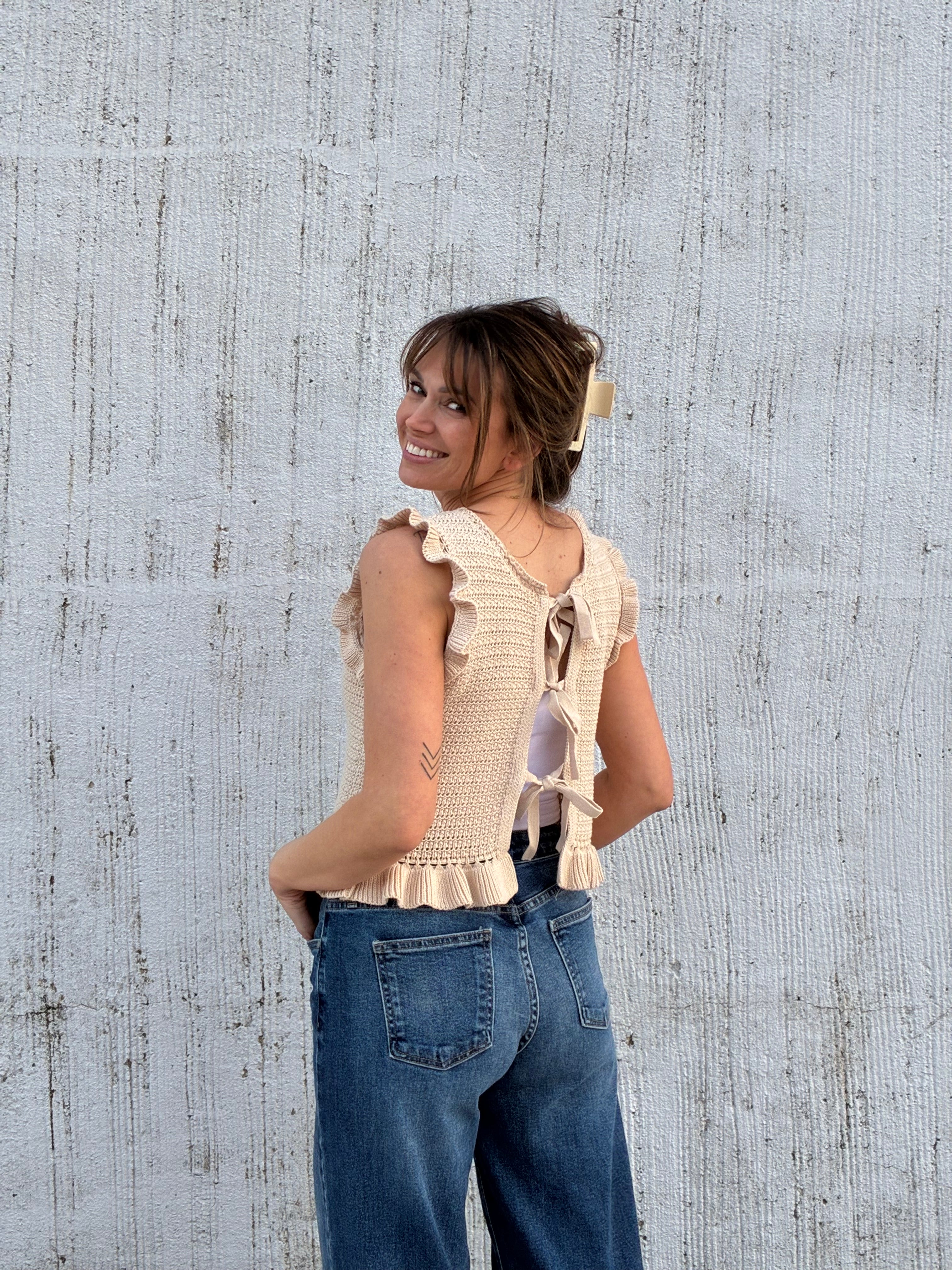 The Skyler Reversible Tie-Front Ruffle Knit Top