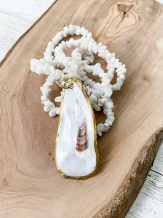 The Bowen Necklace-White Moonstone with Oyster Shell Pendant