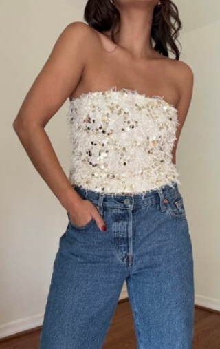 Sequin Frayed Bandeau Tube Top